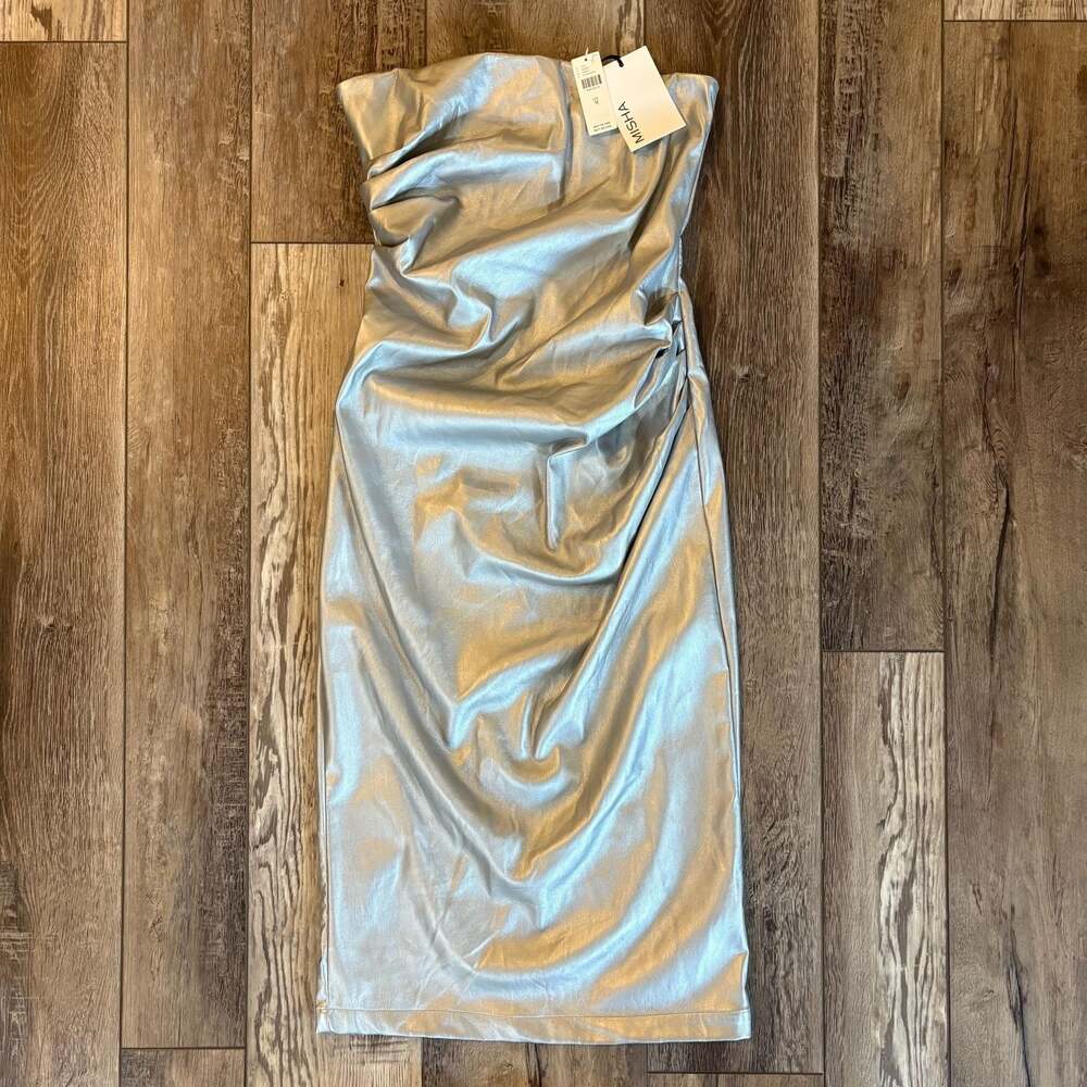 Misha Metallic Silver Strapless Midi Dress NWT Size M